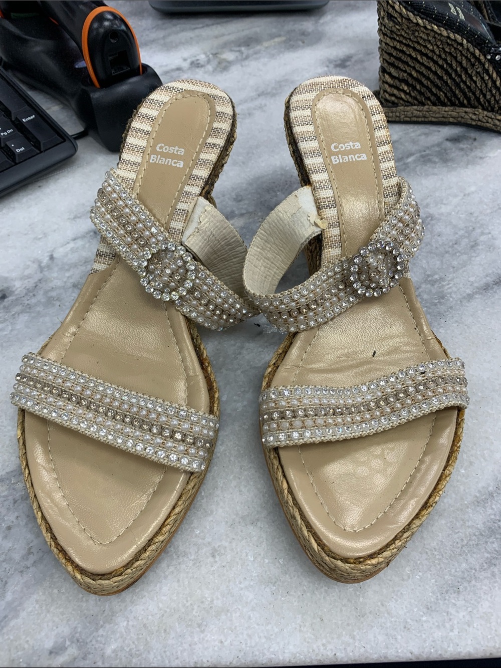 Costa Blanca Beige Jeweled Wedge Sandals
